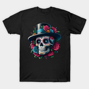 Sugar Skull Art - Top Hat and Pink Roses T-Shirt
